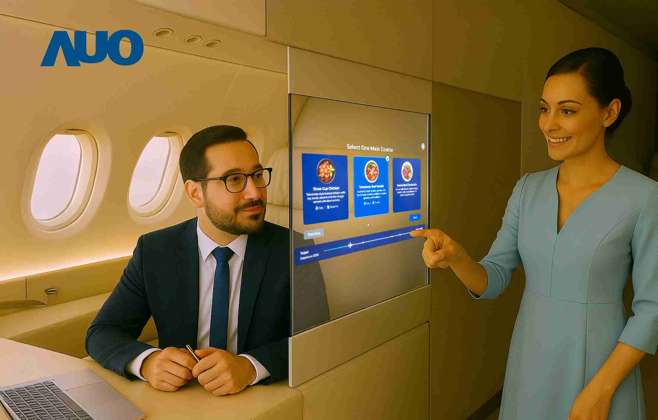 NG大舞台研发全球最薄17.3 吋双面透明 Micro LED 显示器，，可在同一屏幕之双边投射不同信息，，，创造独特的”透明化”互动；图为实时翻译交流应用情境